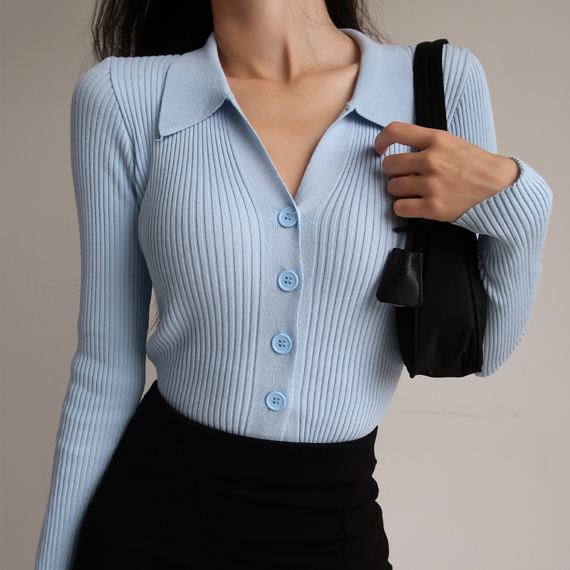 Slim Fit V-Neck Knitted Cardigan Sweater for Women - American Style Ribbed Button-Down Long Sleeve Top