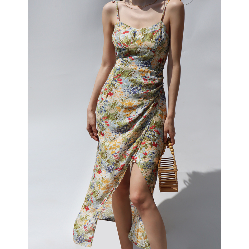 Slim-Fit V-Neck Spaghetti Strap Dress with Vintage Print, Side Slit, and Waist-Cinching Design - Romantic Long Dress