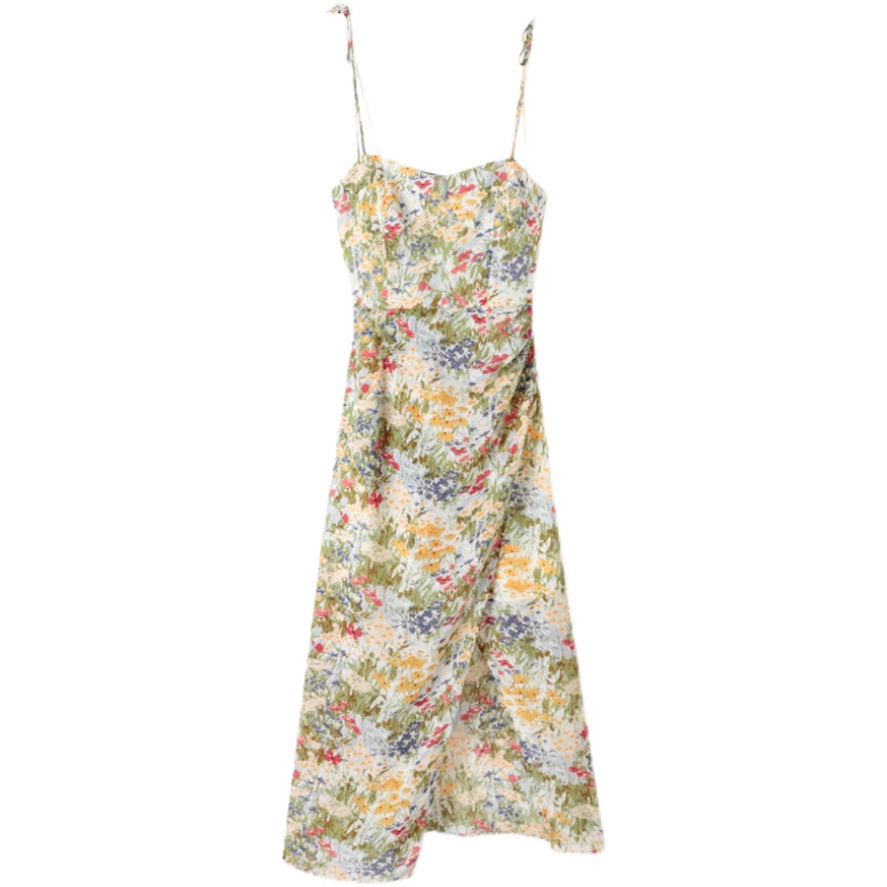 Slim-Fit V-Neck Spaghetti Strap Dress with Vintage Print, Side Slit, and Waist-Cinching Design - Romantic Long Dress Slim-Fit V-Neck Spaghetti Strap Dress with Vintage Print, Side Slit, and Waist-Cinching Design - Romantic Long Dress