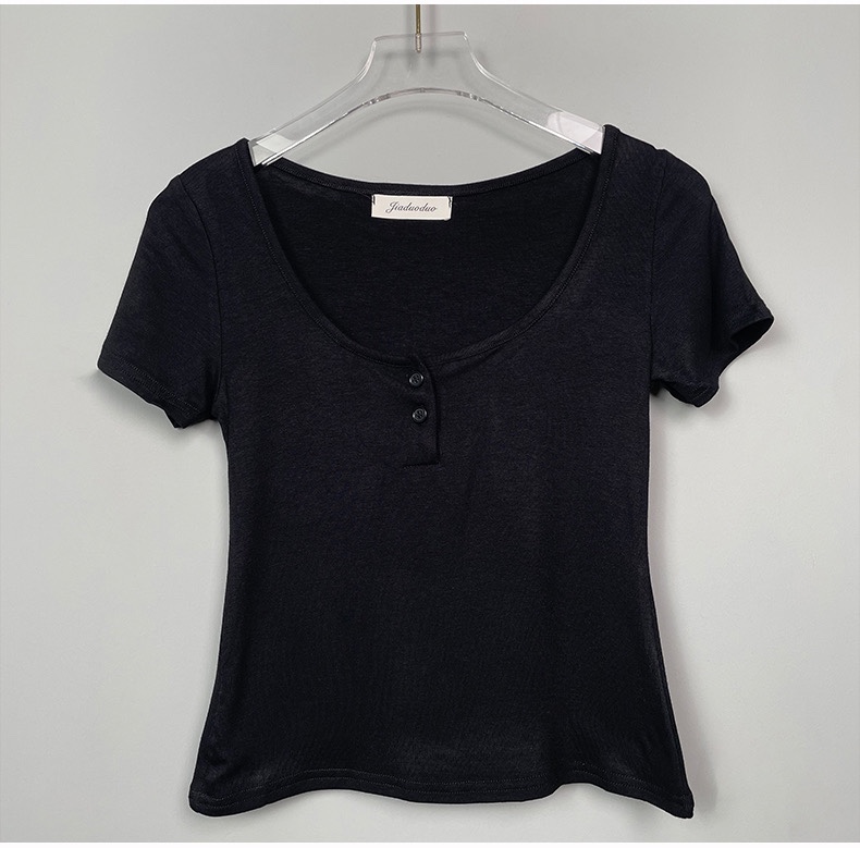 Slimming Black Half-Open Collar Short Sleeve T-Shirt for Women - Korean Style Chest-Enhancing Fitted Top