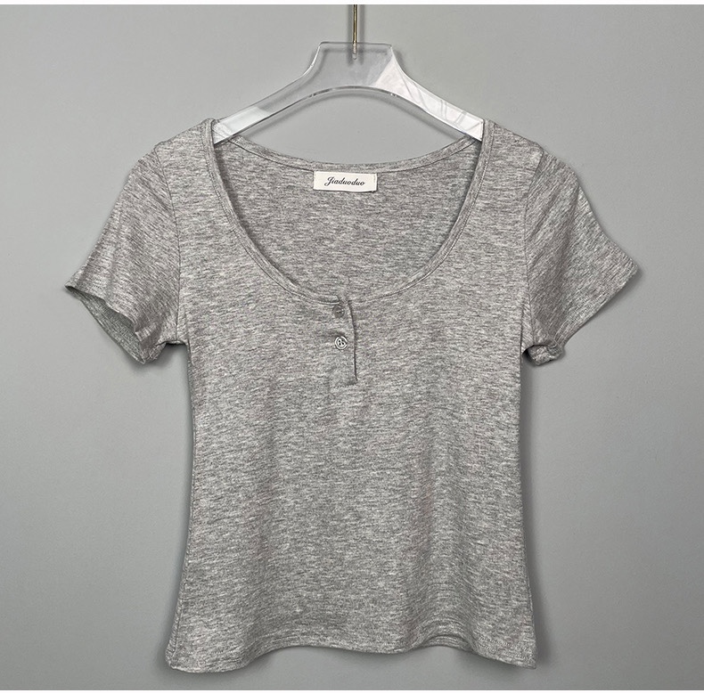 Slimming Black Half-Open Collar Short Sleeve T-Shirt for Women - Korean Style Chest-Enhancing Fitted Top Slimming Black Half-Open Collar Short Sleeve T-Shirt for Women - Korean Style Chest-Enhancing Fitted Top