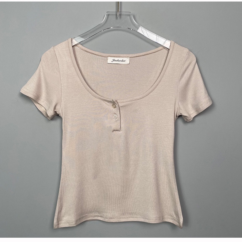 Slimming Black Half-Open Collar Short Sleeve T-Shirt for Women - Korean Style Chest-Enhancing Fitted Top Slimming Black Half-Open Collar Short Sleeve T-Shirt for Women - Korean Style Chest-Enhancing Fitted Top