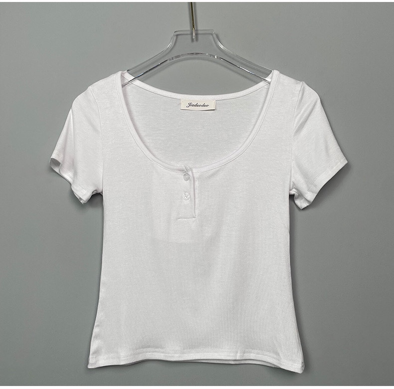 Slimming Black Half-Open Collar Short Sleeve T-Shirt for Women - Korean Style Chest-Enhancing Fitted Top Slimming Black Half-Open Collar Short Sleeve T-Shirt for Women - Korean Style Chest-Enhancing Fitted Top