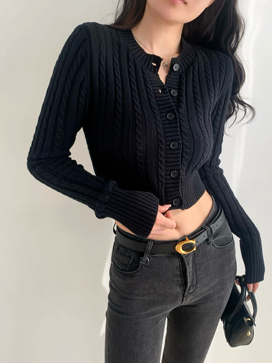 Slimming High Waist Round Neck Cable Knit Cardigan for Girls - Long Sleeve European & American Style Outerwear Top