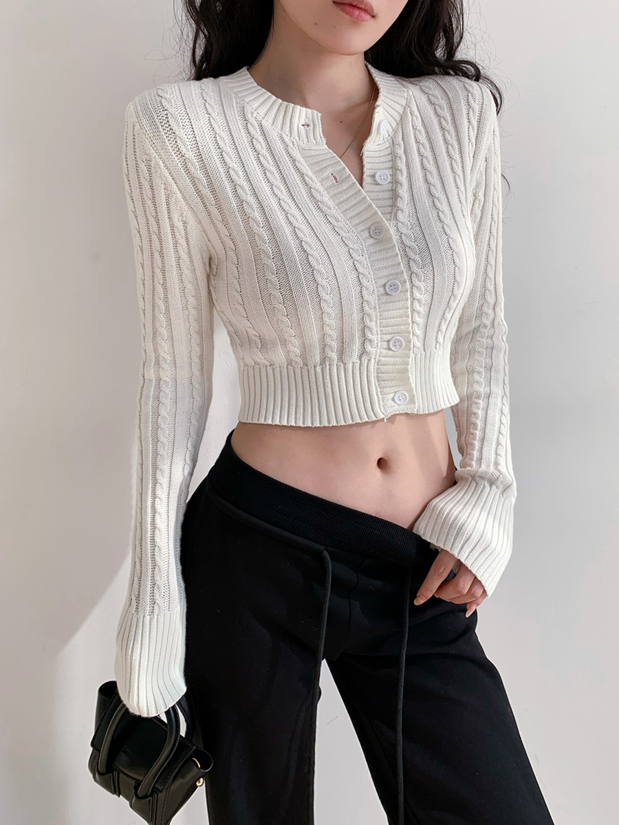 Slimming High Waist Round Neck Cable Knit Cardigan for Girls - Long Sleeve European & American Style Outerwear Top Slimming High Waist Round Neck Cable Knit Cardigan for Girls - Long Sleeve European & American Style Outerwear Top