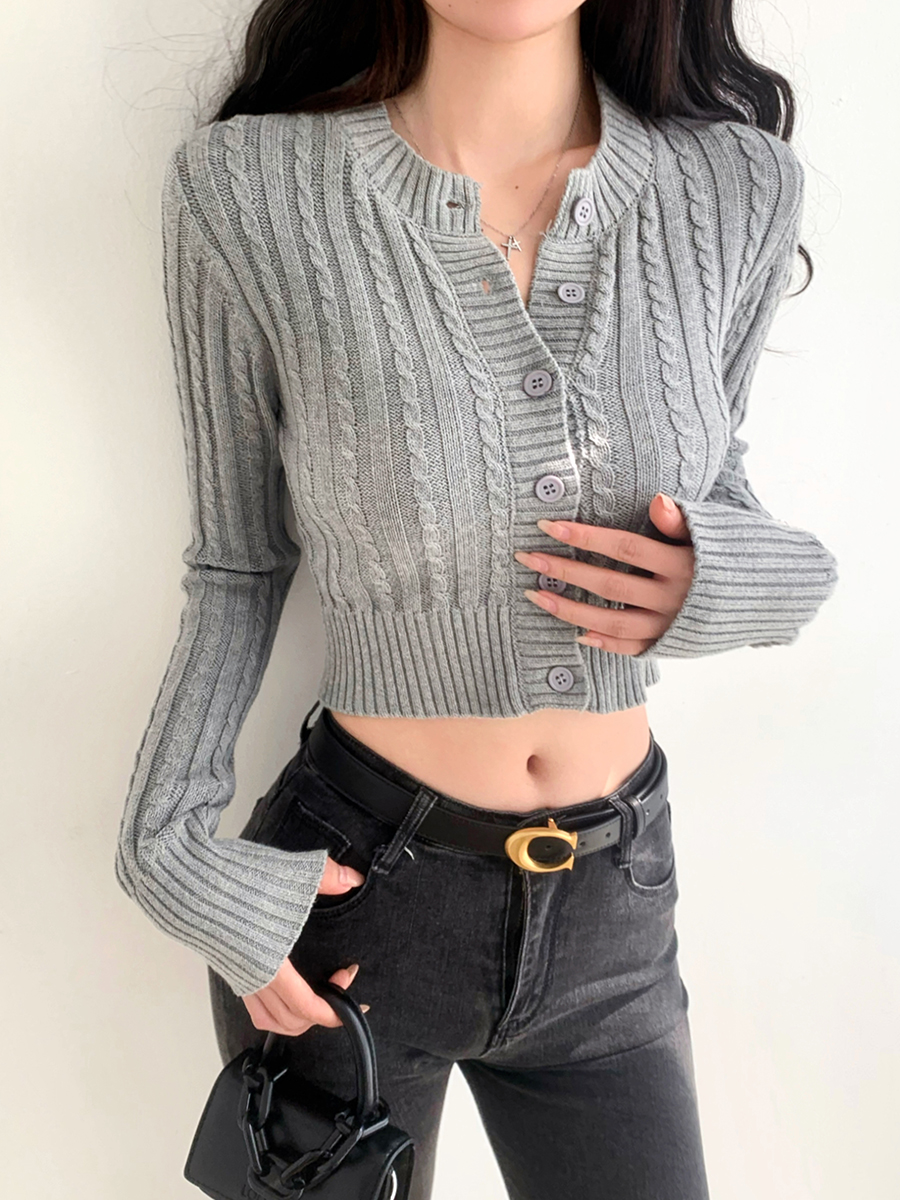 Slimming High Waist Round Neck Cable Knit Cardigan for Girls - Long Sleeve European & American Style Outerwear Top