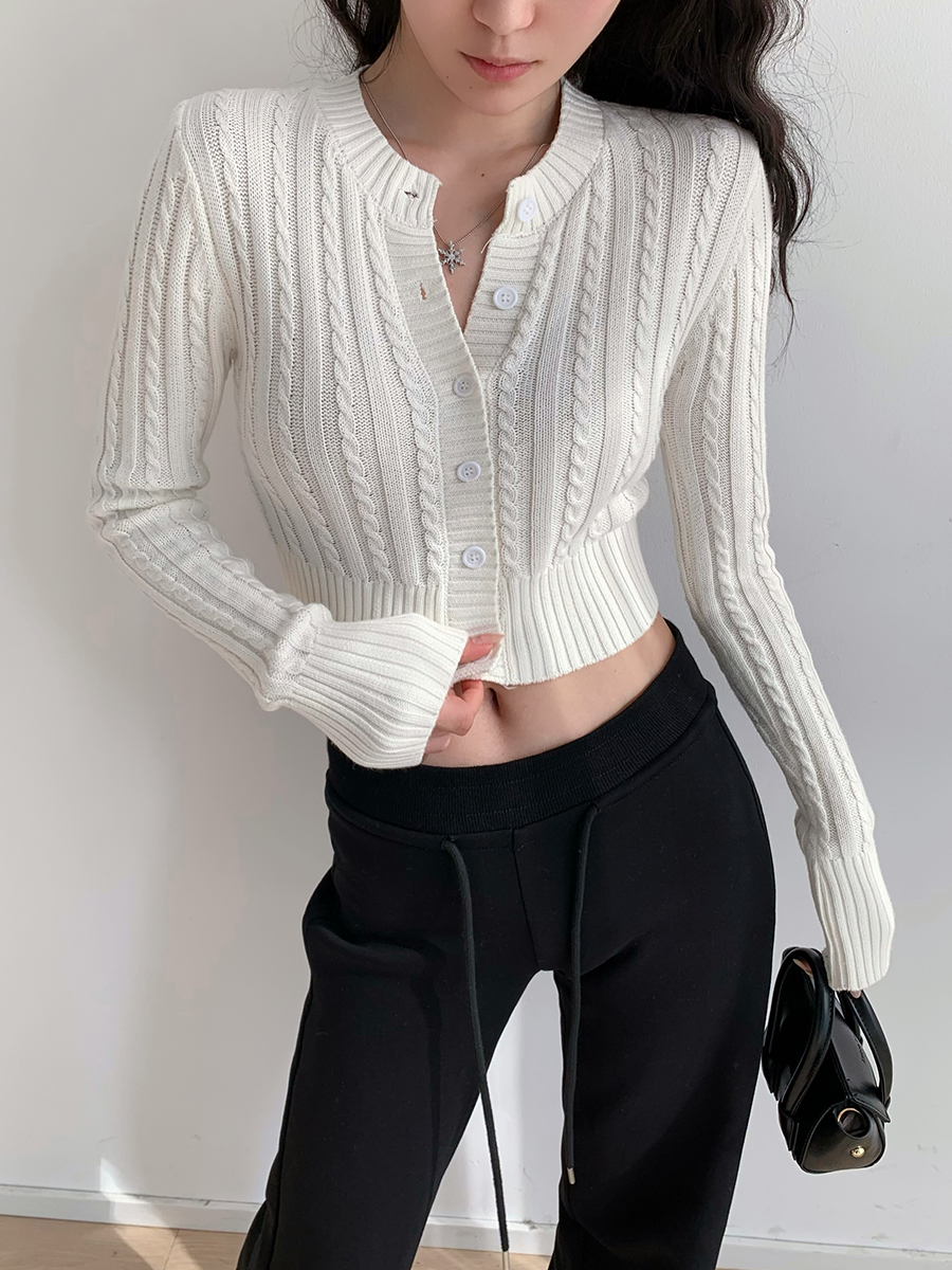Slimming High Waist Round Neck Cable Knit Cardigan for Girls - Long Sleeve European & American Style Outerwear Top Slimming High Waist Round Neck Cable Knit Cardigan for Girls - Long Sleeve European & American Style Outerwear Top