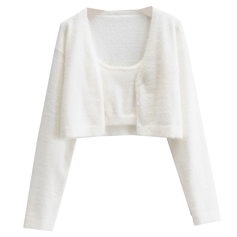 Soft Cozy Knitted Cardigan Two-Piece Set for Women - Imitation Mink Velvet Slimming Short Sweater - European American Style Soft Cozy Knitted Cardigan Two-Piece Set for Women - Imitation Mink Velvet Slimming Short Sweater - European American Style