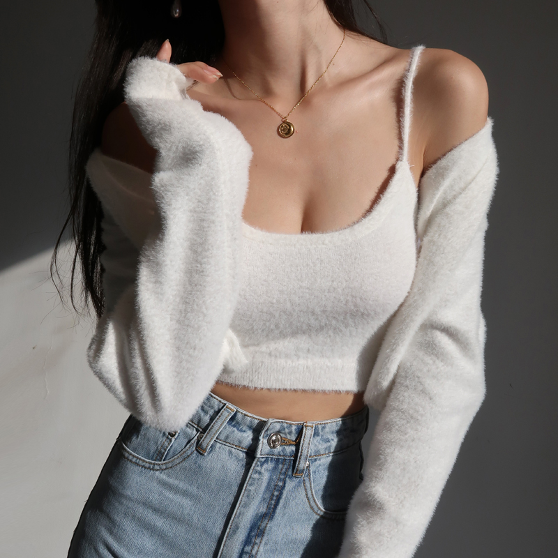 Soft Cozy Knitted Cardigan Two-Piece Set for Women - Imitation Mink Velvet Slimming Short Sweater - European American Style Soft Cozy Knitted Cardigan Two-Piece Set for Women - Imitation Mink Velvet Slimming Short Sweater - European American Style