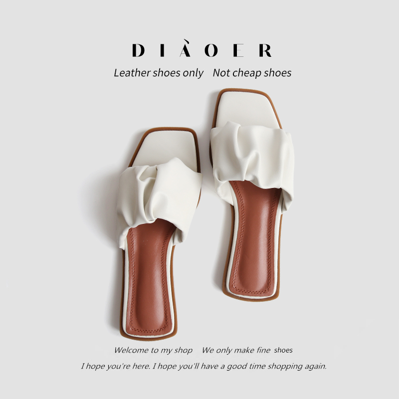 Soft French Pleated Square-Toe Open-Toe Sandals for Women - Summer One-Strap Slippers