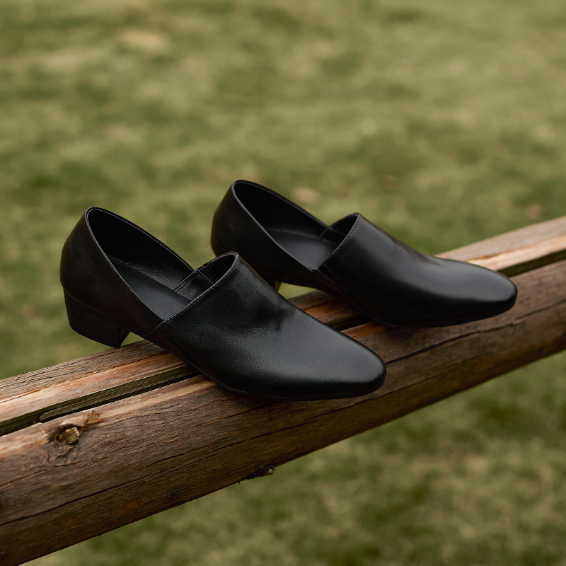 Soft Genuine Leather Black Loafers Monk Shoes - Retro Mid-Heel Witch Style Footwear for a Vintage Look