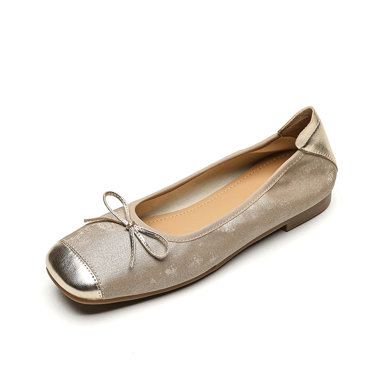 Soft Genuine Leather Color-Blocked Ballet Flats for Women - Retro French Bow Square Toe Shoes