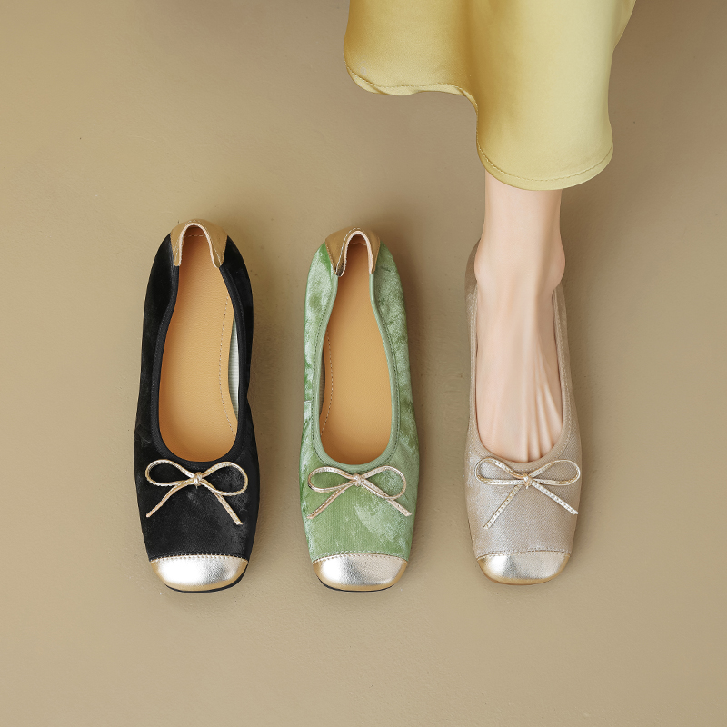 Soft Genuine Leather Color-Blocked Ballet Flats for Women - Retro French Bow Square Toe Shoes