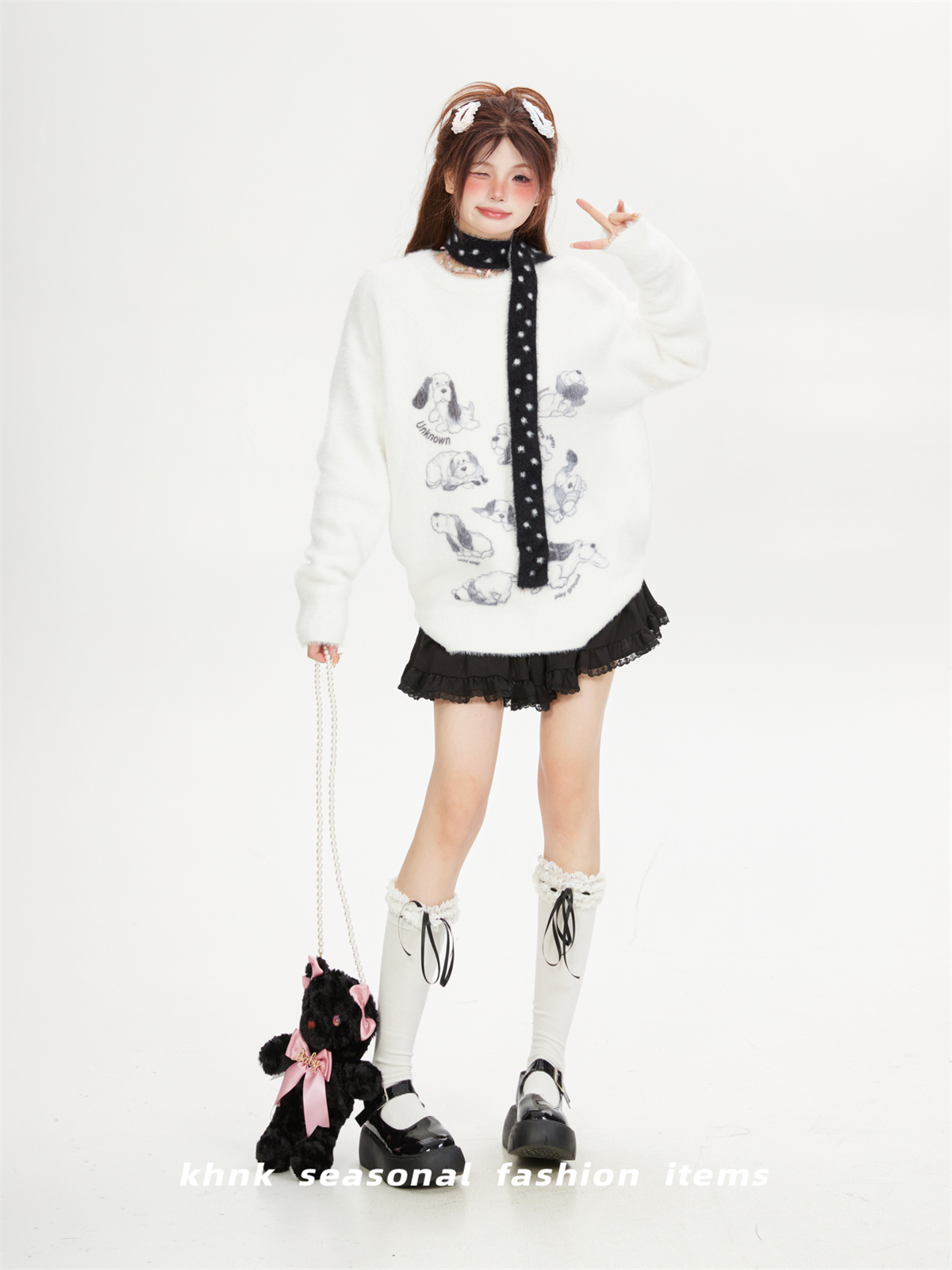 Soft Mink Fur Sweater for Women - Childlike Dog Design, Round Neck Pullover, Cozy Autumn Winter Knitted Top