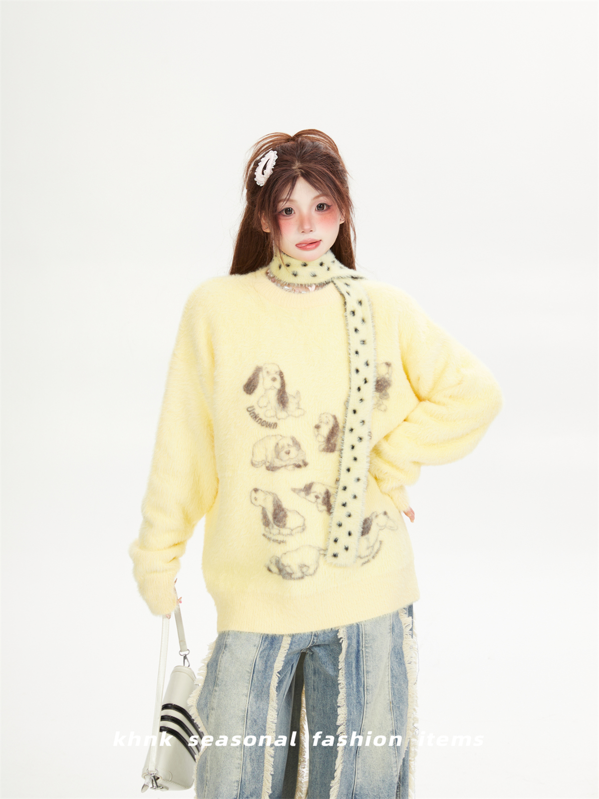 Soft Mink Fur Sweater for Women - Childlike Dog Design, Round Neck Pullover, Cozy Autumn Winter Knitted Top