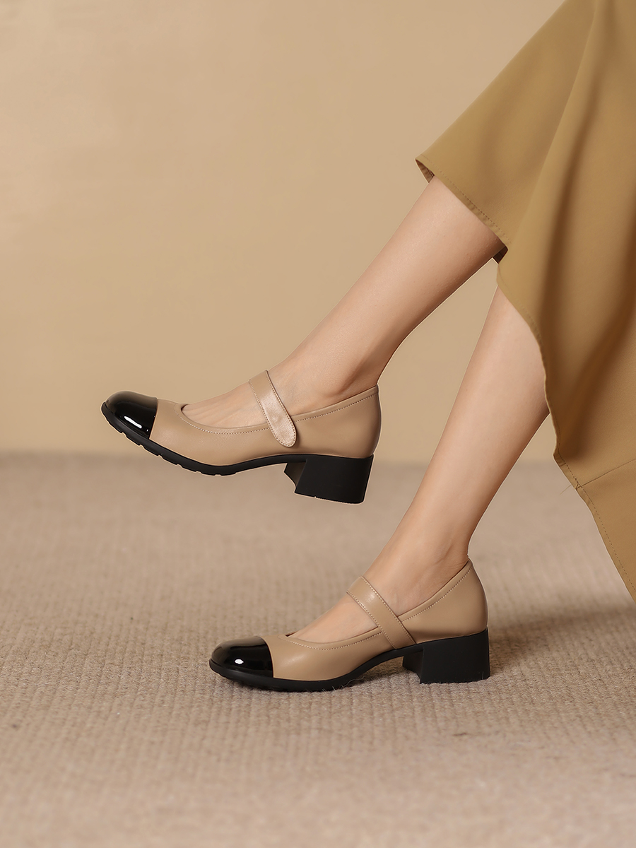 Soft Sole Retro One-Strap Mary Jane Shoes for Women - Chunky Heel Genuine Leather Color-Blocking Square Toe Mid Heel Grandma Style Soft Sole Retro One-Strap Mary Jane Shoes for Women - Chunky Heel Genuine Leather Color-Blocking Square Toe Mid Heel Grandma Style