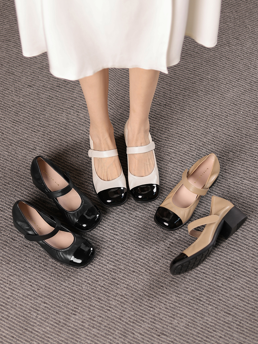 Soft Sole Retro One-Strap Mary Jane Shoes for Women - Chunky Heel Genuine Leather Color-Blocking Square Toe Mid Heel Grandma Style