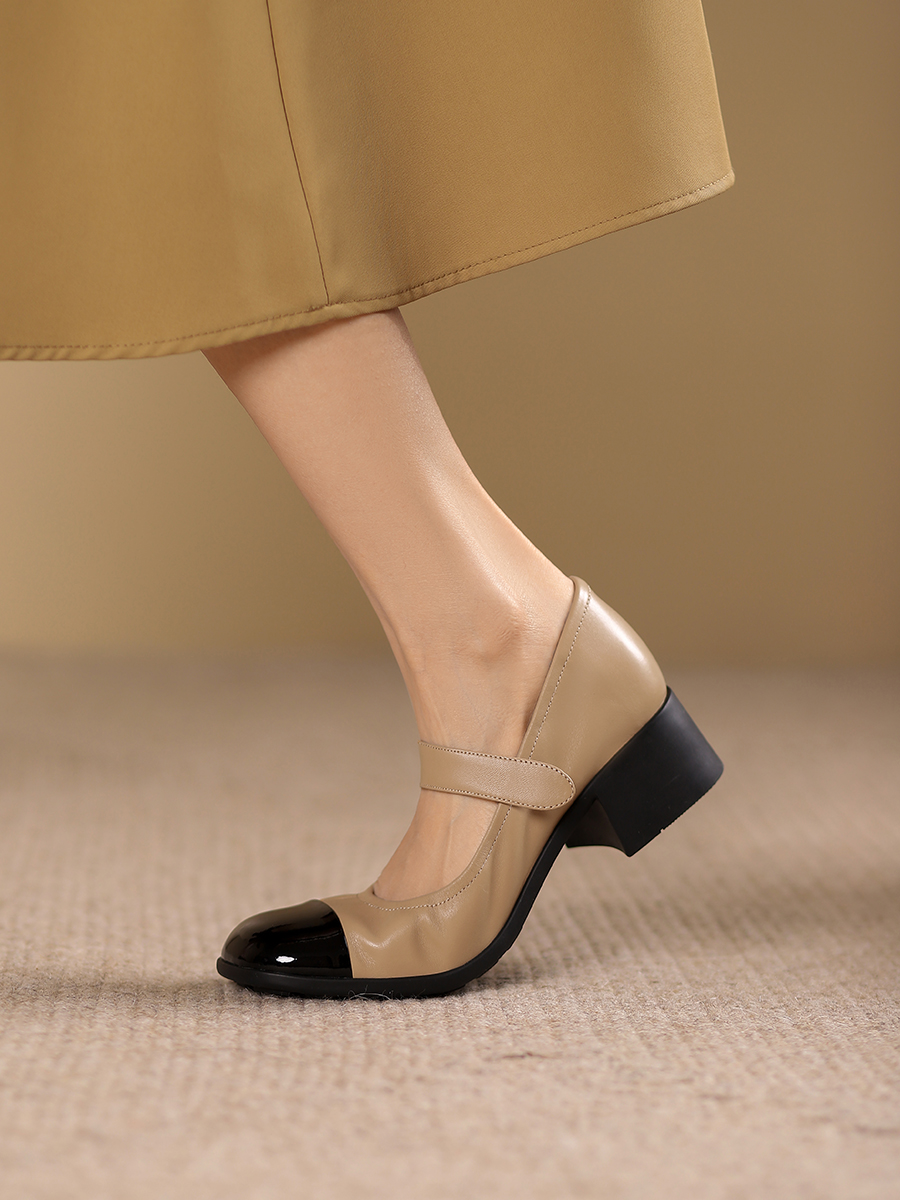 Soft Sole Retro One-Strap Mary Jane Shoes for Women - Chunky Heel Genuine Leather Color-Blocking Square Toe Mid Heel Grandma Style Soft Sole Retro One-Strap Mary Jane Shoes for Women - Chunky Heel Genuine Leather Color-Blocking Square Toe Mid Heel Grandma Style