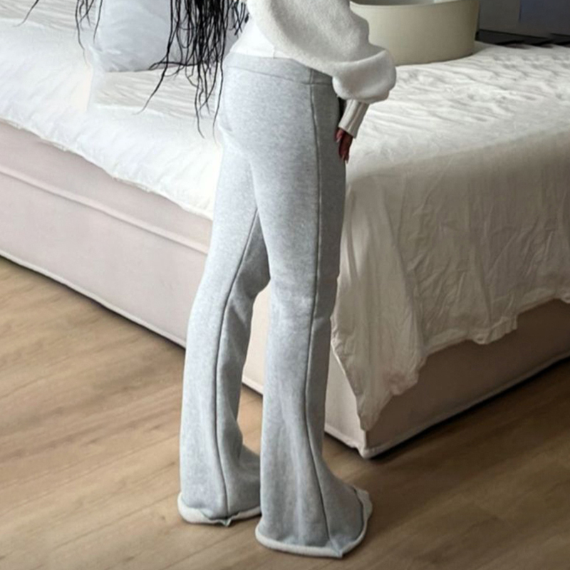 Solid Color Basic Low-Waist Casual Pants - Versatile Slim-Fit Flared Fleece-Lined Trousers in American Sports Style
