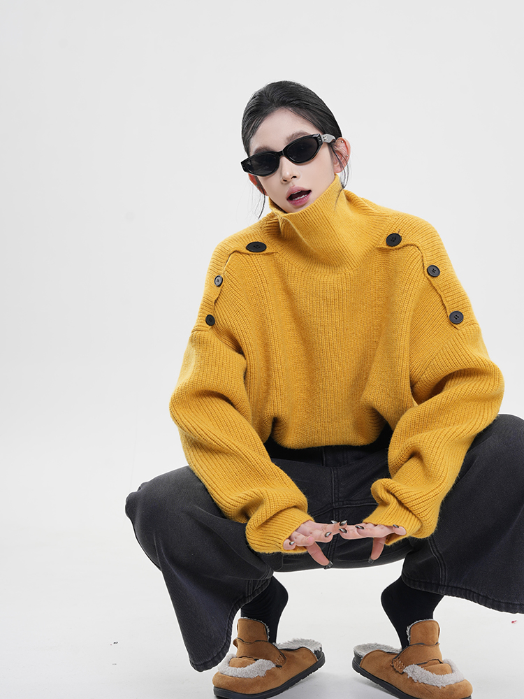 Solid Color High-Neck Off-Shoulder Long Sleeve Knitted Sweater for Women - Loose Thick Autumn Winter Top, Korean Style Fashion Solid Color High-Neck Off-Shoulder Long Sleeve Knitted Sweater for Women - Loose Thick Autumn Winter Top, Korean Style Fashion