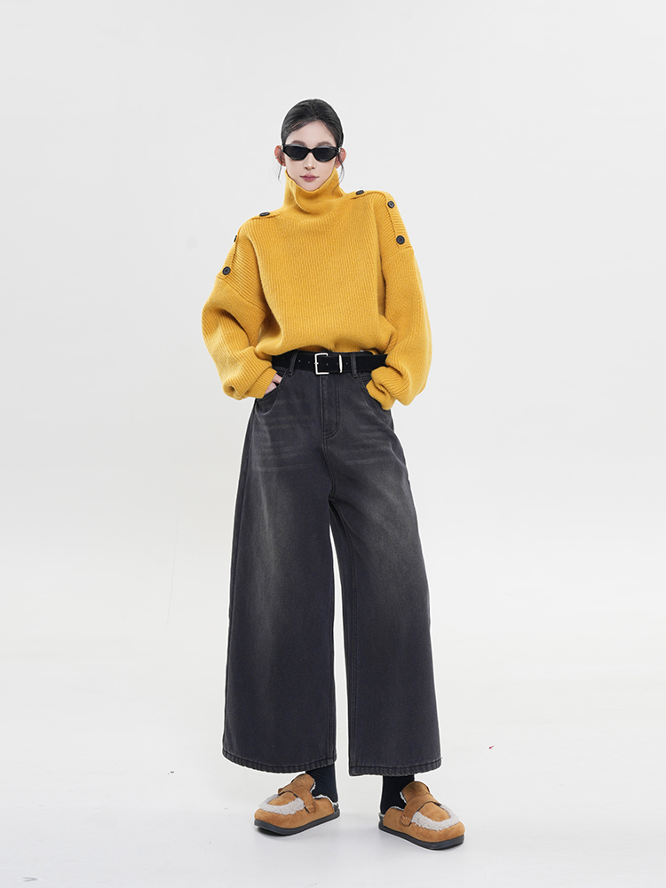 Solid Color High-Neck Off-Shoulder Long Sleeve Knitted Sweater for Women - Loose Thick Autumn Winter Top, Korean Style Fashion