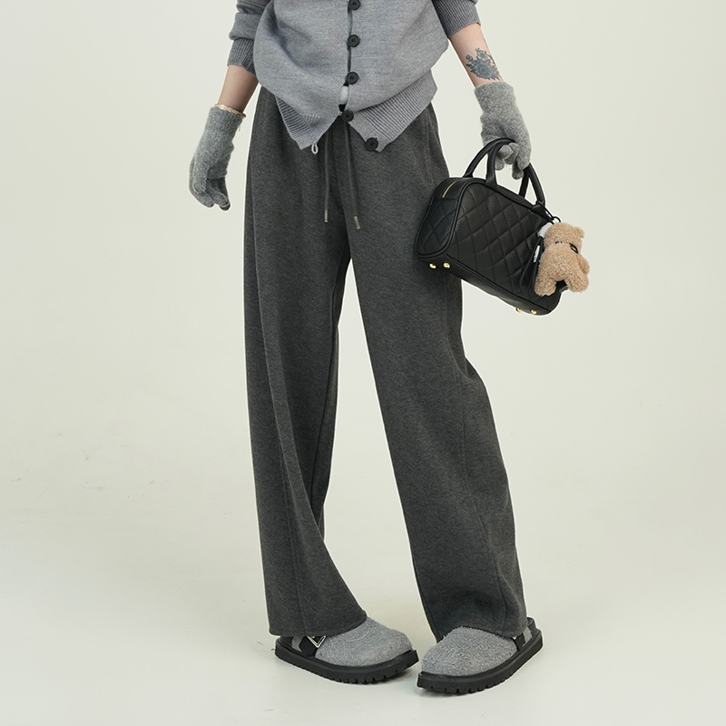 Solid Color High Waist Drawstring Wide-Leg Casual Pants for Women - Thick Autumn Winter Korean Style Slimming Trousers Solid Color High Waist Drawstring Wide-Leg Casual Pants for Women - Thick Autumn Winter Korean Style Slimming Trousers