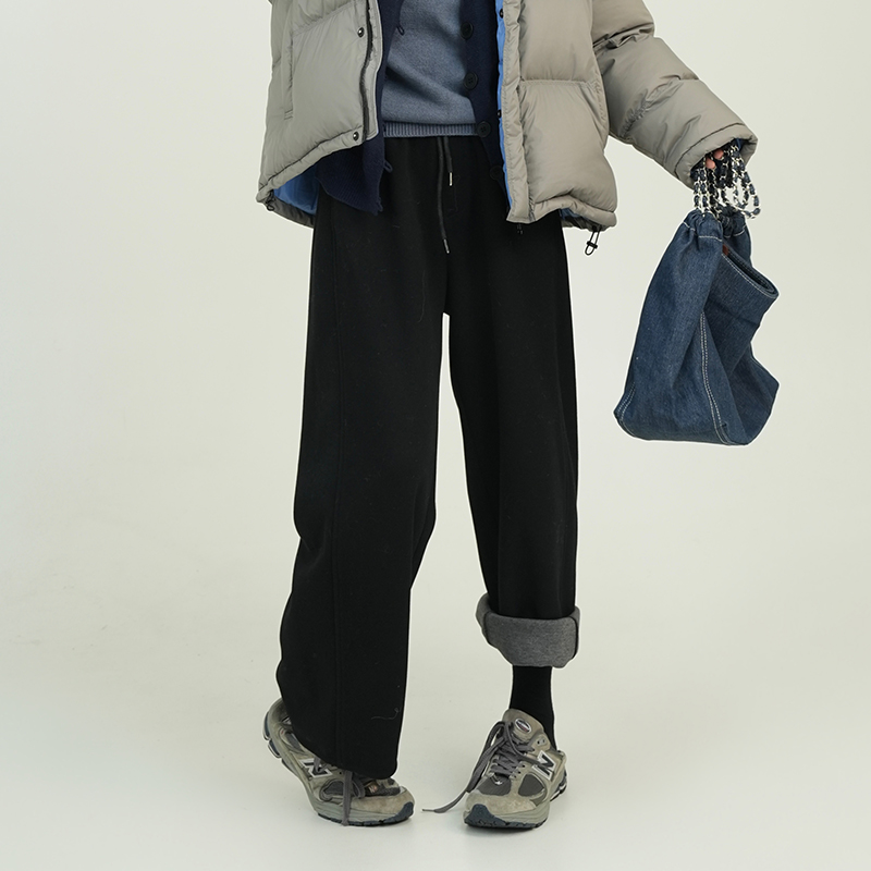 Solid Color High Waist Drawstring Wide-Leg Casual Pants for Women - Thick Autumn Winter Korean Style Slimming Trousers