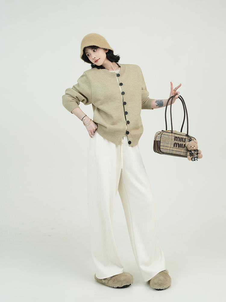 Solid Color High Waist Drawstring Wide-Leg Casual Pants for Women - Thick Autumn Winter Korean Style Slimming Trousers