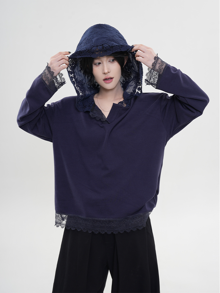 Solid Color Lace Design Hooded Long Sleeve T-Shirt for Women - Autumn Winter Korean Style Loose Plush Base Top