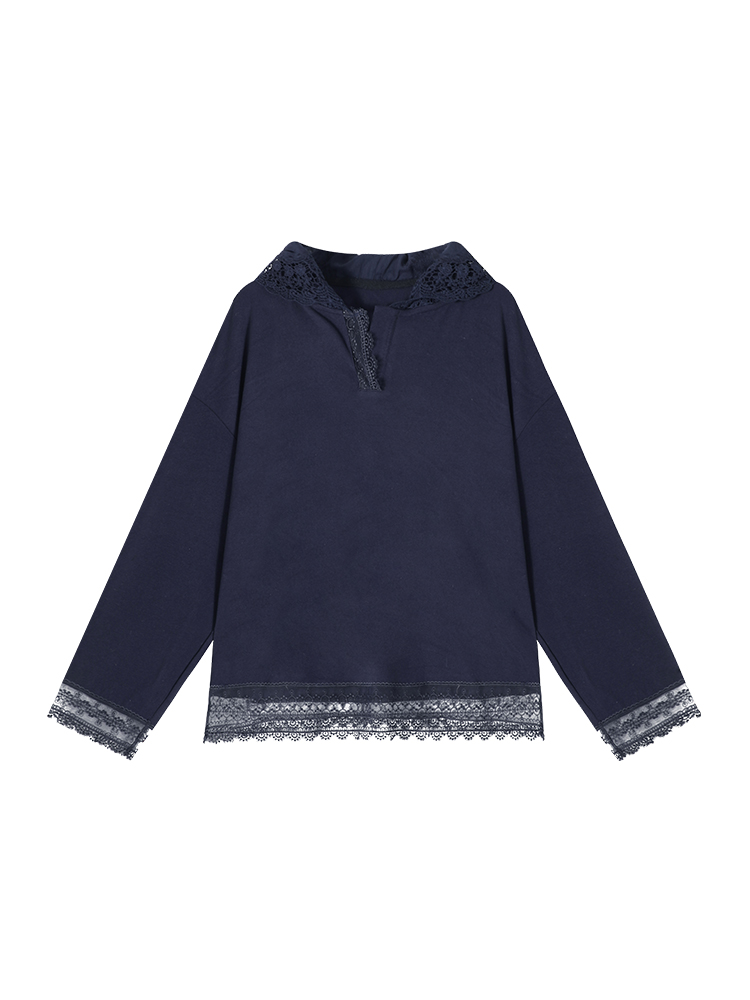 Solid Color Lace Design Hooded Long Sleeve T-Shirt for Women - Autumn Winter Korean Style Loose Plush Base Top