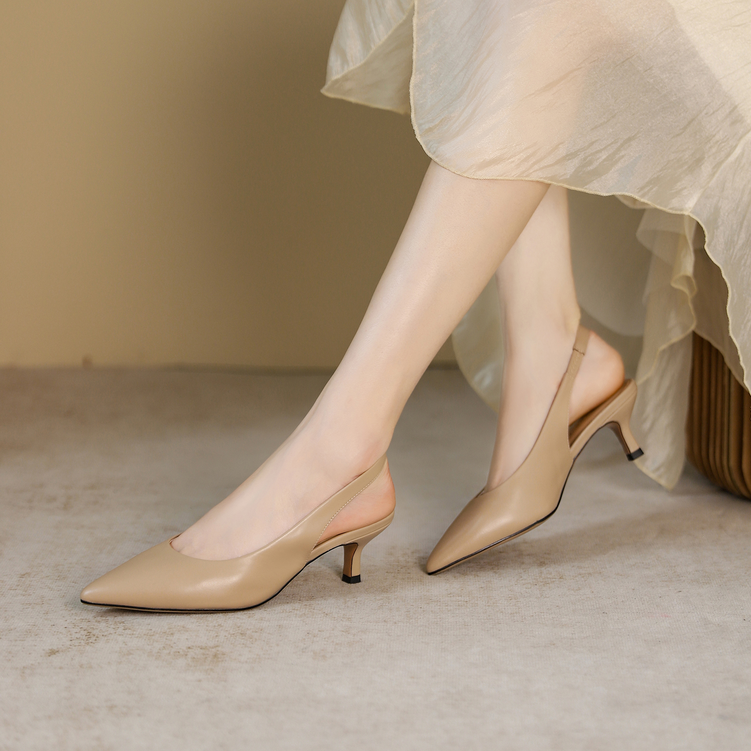 Solid Color Minimalist Open-Toe High Heels for Women - Backless Thin Heels, Elastic Slip-On, Genuine Leather, Spring 2025 Style