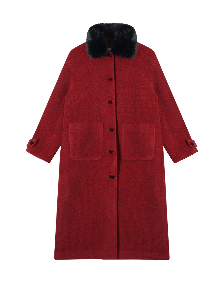 Solid Color Padded Thickened Fur Collar Long Sleeve Woolen Coat for Women - Winter Korean Style Loose Warm Wool Coat