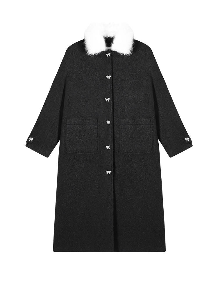 Solid Color Padded Thickened Fur Collar Long Sleeve Woolen Coat for Women - Winter Korean Style Loose Warm Wool Coat