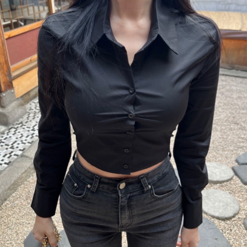 Solid Color Slim Fit Sexy Short Long Sleeve Blouse with Collar and Exposed Waist - Korean Style Versatile Top for Women