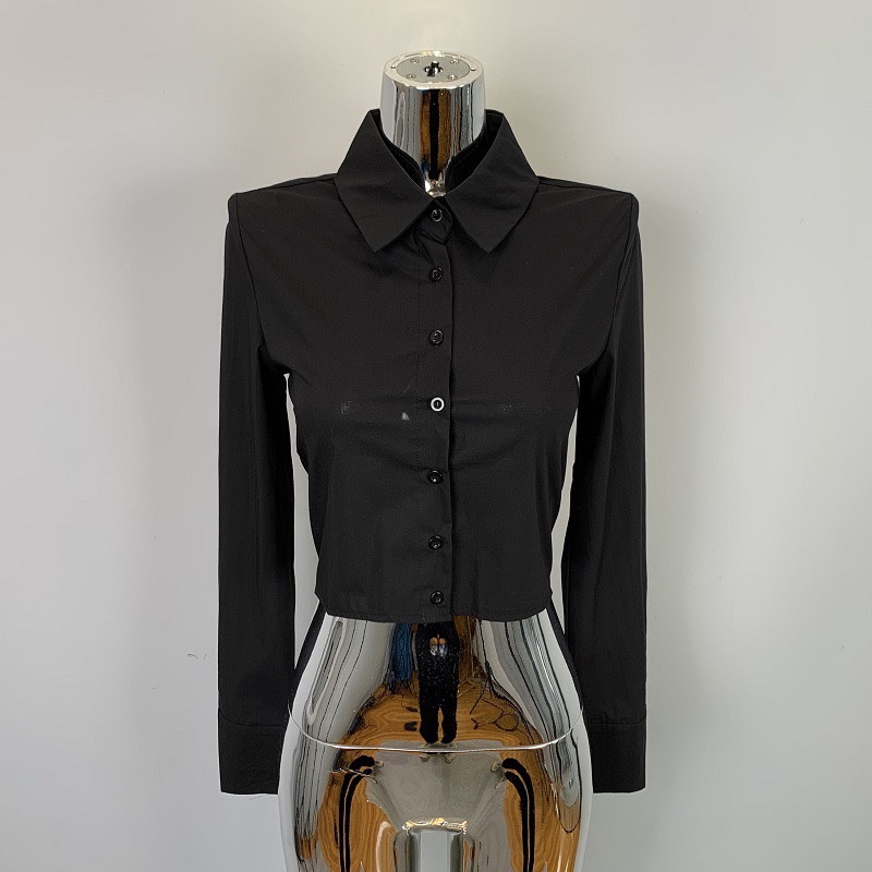 Solid Color Slim Fit Sexy Short Long Sleeve Blouse with Collar and Exposed Waist - Korean Style Versatile Top for Women