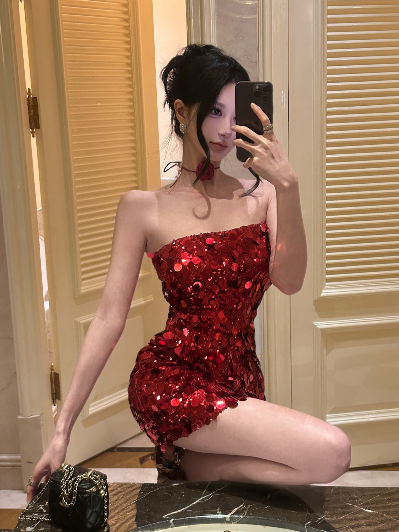 Sparkling Starry River Strapless Bodycon Mini Dress in Gold and Red - Sexy Classic Party Skirt for Hot Girls Sparkling Starry River Strapless Bodycon Mini Dress in Gold and Red - Sexy Classic Party Skirt for Hot Girls