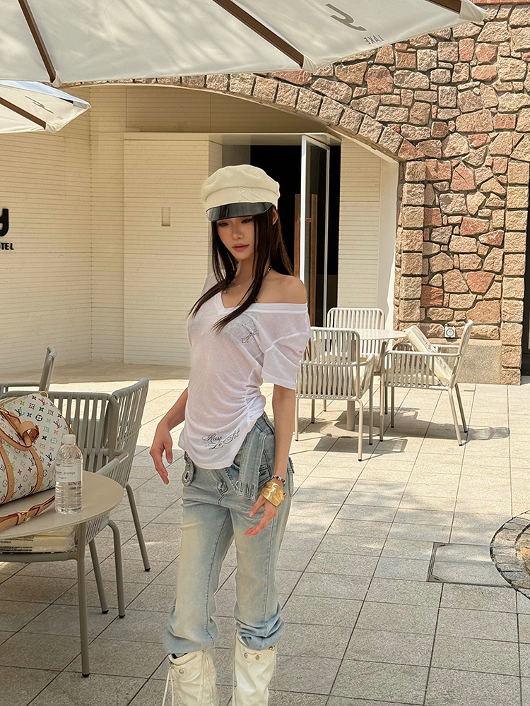 Spicy American Retro Top - Slightly Sheer Cross V-Neck Short Sleeve T-Shirt for Women's Casual Style