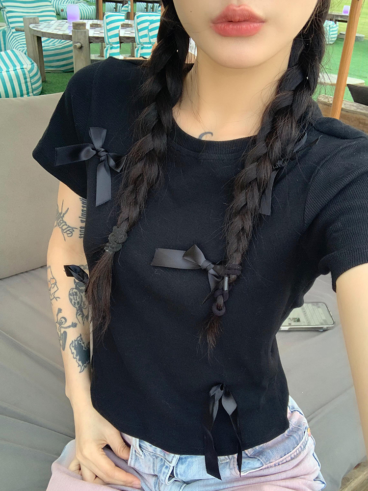 Spicy Girl Bow Shoulder Short Sleeve T-Shirt for Women - Slim Fit Flattering Cropped Top in American Style