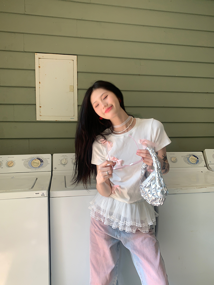 Spicy Girl Bow Shoulder Short Sleeve T-Shirt for Women - Slim Fit Flattering Cropped Top in American Style Spicy Girl Bow Shoulder Short Sleeve T-Shirt for Women - Slim Fit Flattering Cropped Top in American Style