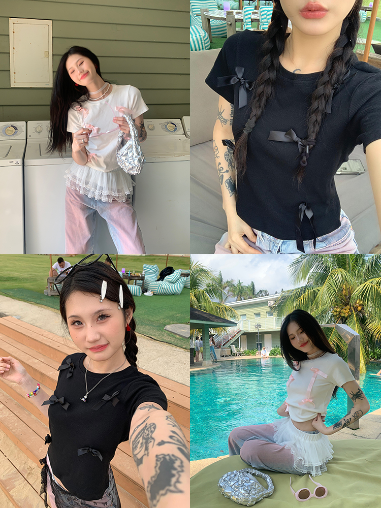 Spicy Girl Bow Shoulder Short Sleeve T-Shirt for Women - Slim Fit Flattering Cropped Top in American Style