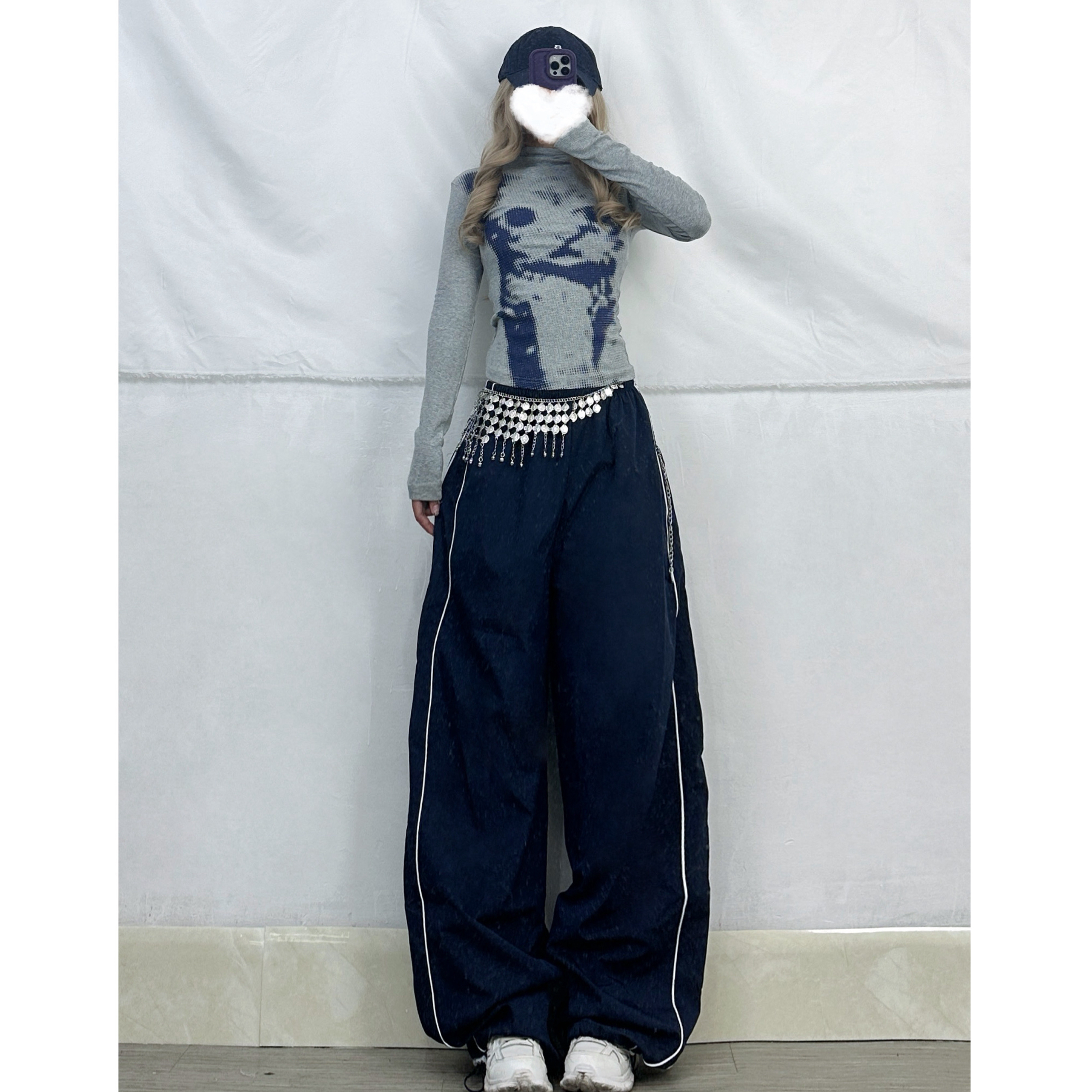 Spicy Girl Cat Print Long-Sleeve Turtleneck Top with Navy Blue Side Stripe Quick-Dry Pants for Women - Y2K Fashion Set