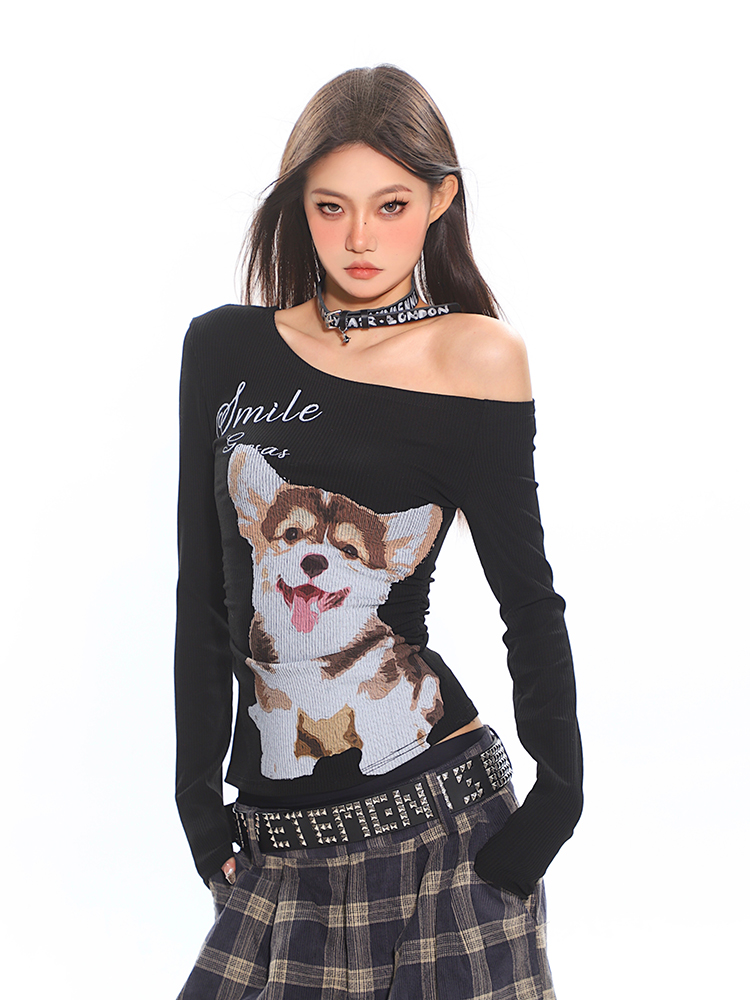 Spicy Girl Dog Print Off-Shoulder Long Sleeve T-Shirt for Women, Fitted Spring Top, American Style, Casual Fashion Spicy Girl Dog Print Off-Shoulder Long Sleeve T-Shirt for Women, Fitted Spring Top, American Style, Casual Fashion