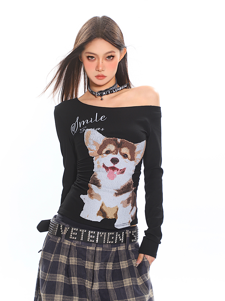 Spicy Girl Dog Print Off-Shoulder Long Sleeve T-Shirt for Women, Fitted Spring Top, American Style, Casual Fashion