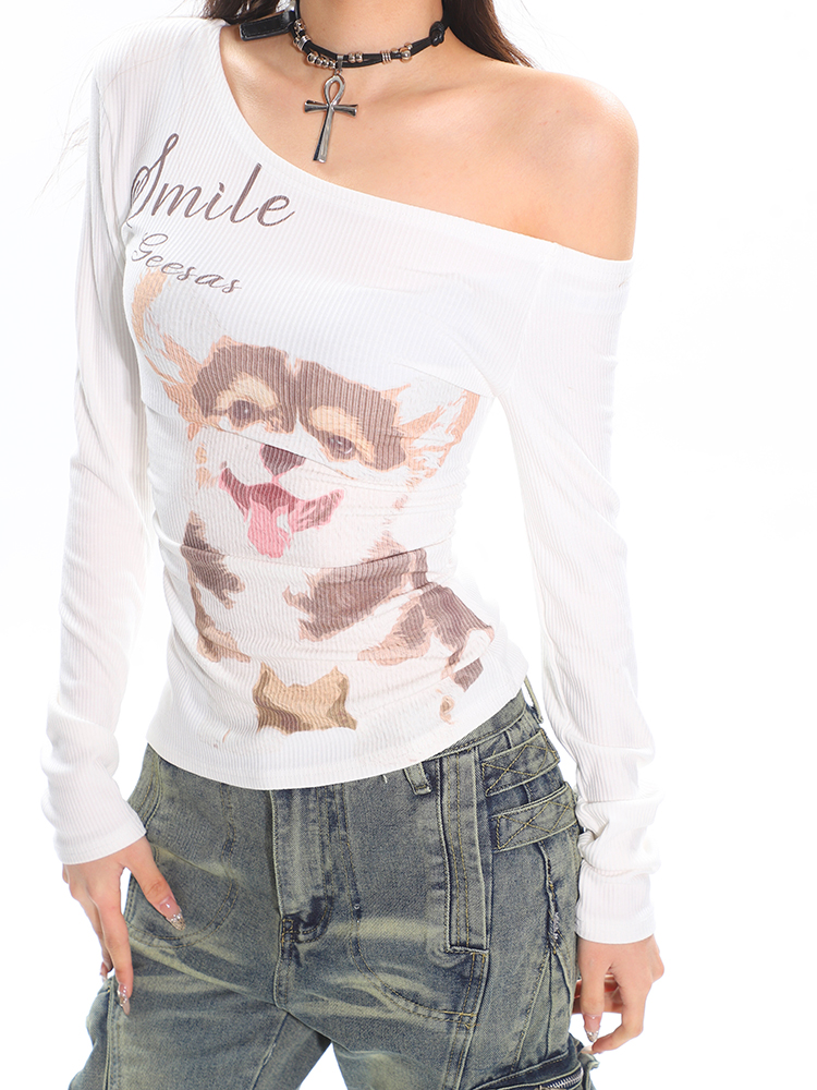 Spicy Girl Dog Print Off-Shoulder Long Sleeve T-Shirt for Women, Fitted Spring Top, American Style, Casual Fashion Spicy Girl Dog Print Off-Shoulder Long Sleeve T-Shirt for Women, Fitted Spring Top, American Style, Casual Fashion