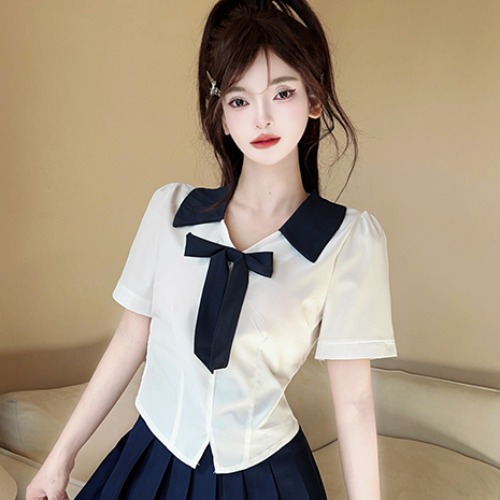 Spicy Girl JK Uniform Short-Sleeve Shirt with Collar and Blue Pleated Skirt - Beauty Salon Spa Foot Bath Technician Outfit