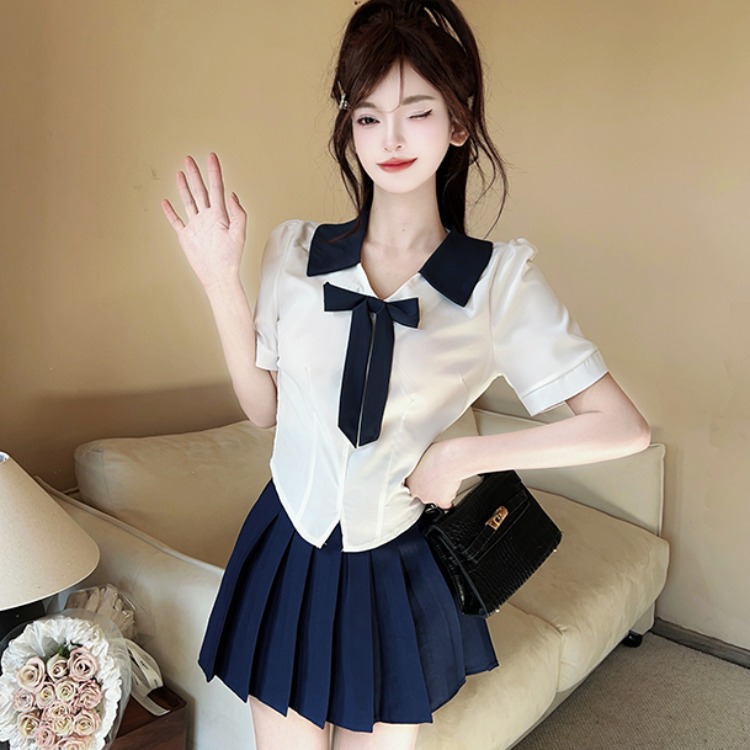 Spicy Girl JK Uniform Short-Sleeve Shirt with Collar and Blue Pleated Skirt - Beauty Salon Spa Foot Bath Technician Outfit