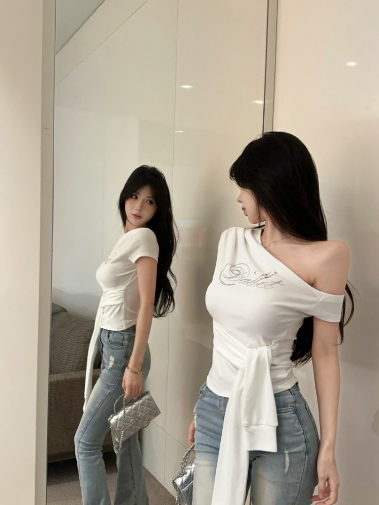 Spicy Girl Rhinestone Letter Print Off-Shoulder Short Sleeve T-Shirt - Slim Fit Kpop Jazz Top for Trendy Girls Spicy Girl Rhinestone Letter Print Off-Shoulder Short Sleeve T-Shirt - Slim Fit Kpop Jazz Top for Trendy Girls
