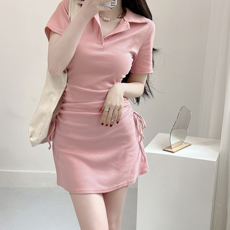 Spicy Girl Style Knitted Lapel Dress with Side Tie, Pleated Bodycon Short Skirt - Slimming Summer Fashion