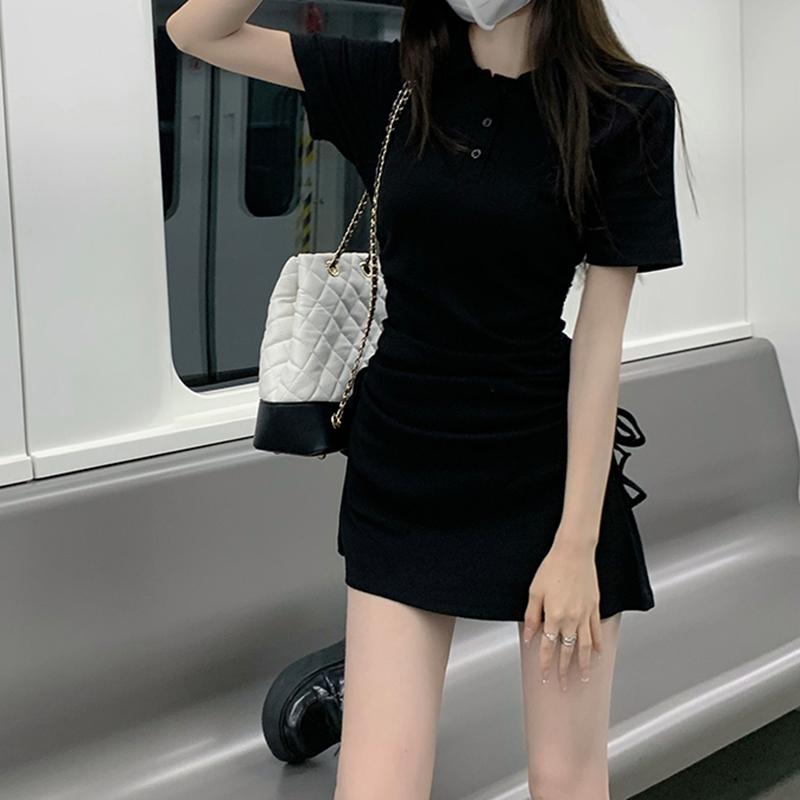 Spicy Girl Style Knitted Lapel Dress with Side Tie, Pleated Bodycon Short Skirt - Slimming Summer Fashion
