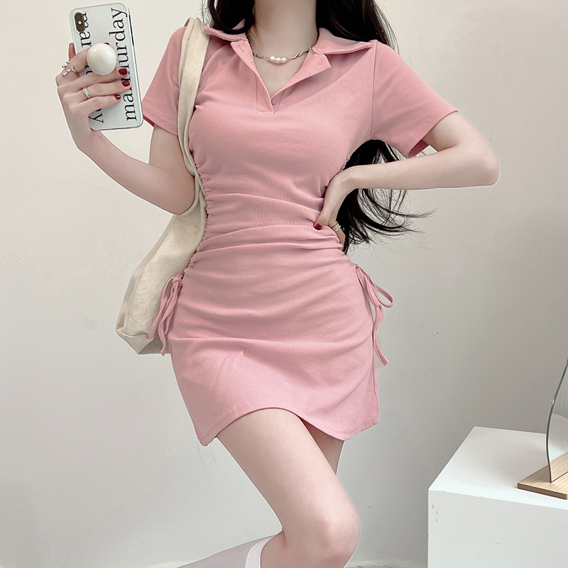 Spicy Girl Style Knitted Lapel Dress with Side Tie, Pleated Bodycon Short Skirt - Slimming Summer Fashion Spicy Girl Style Knitted Lapel Dress with Side Tie, Pleated Bodycon Short Skirt - Slimming Summer Fashion